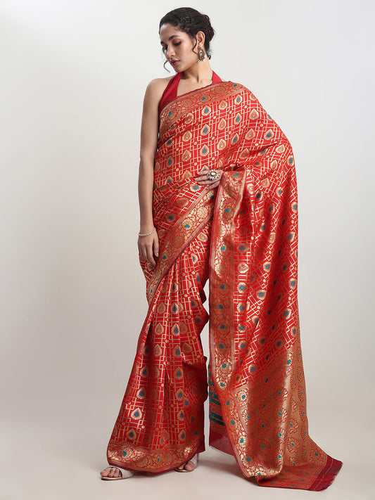Janasya Red Silk Blend Ethnic Motifs Jacquard Saree | Swadesiicart