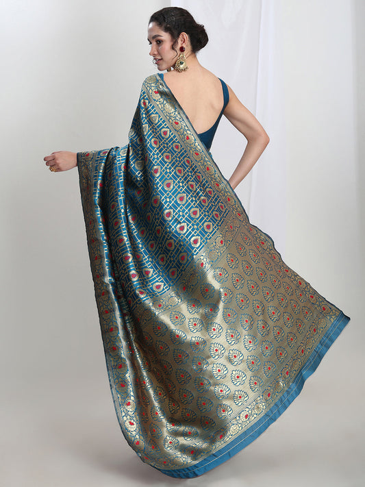 Janasya Teal Blue Silk Blend Ethnic Motifs Jacquard Saree | Swadesiicart