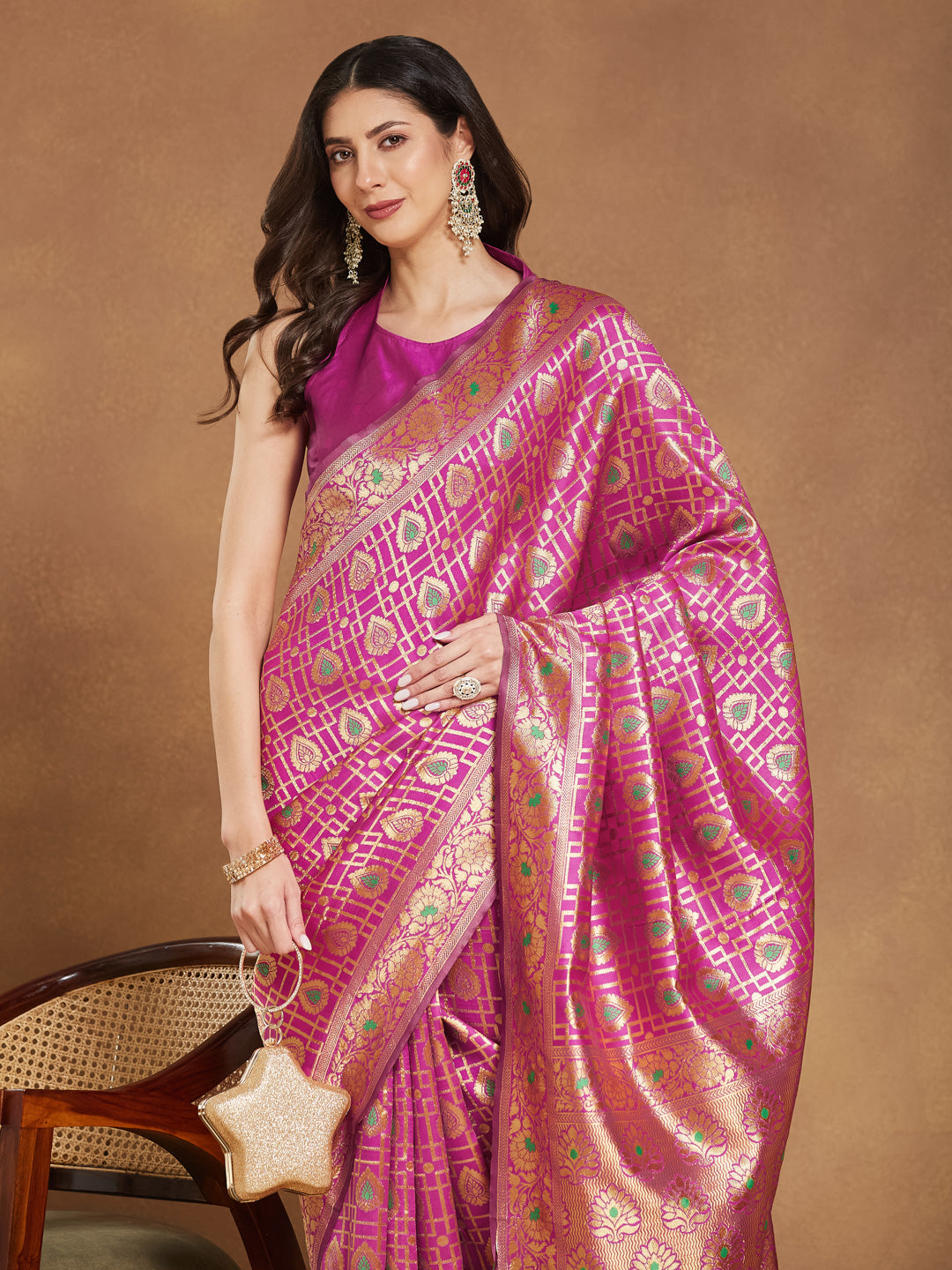 Janasya Pink Silk Blend Ethnic Motifs Jacquard Saree | Swadesiicart