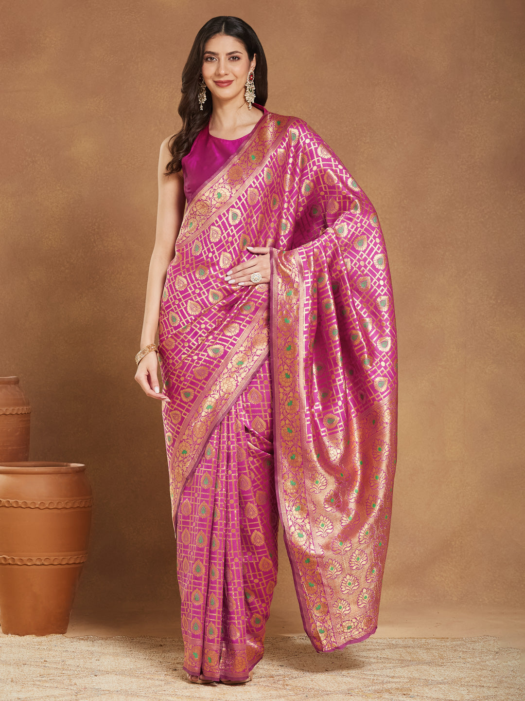 Janasya Pink Silk Blend Ethnic Motifs Jacquard Saree | Swadesiicart