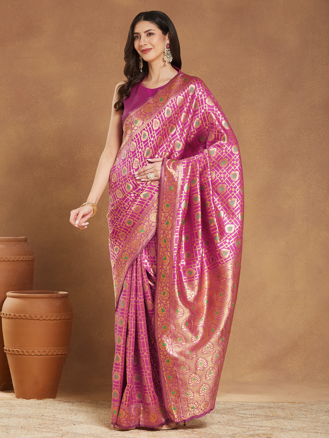 Janasya Pink Silk Blend Ethnic Motifs Jacquard Saree | Swadesiicart