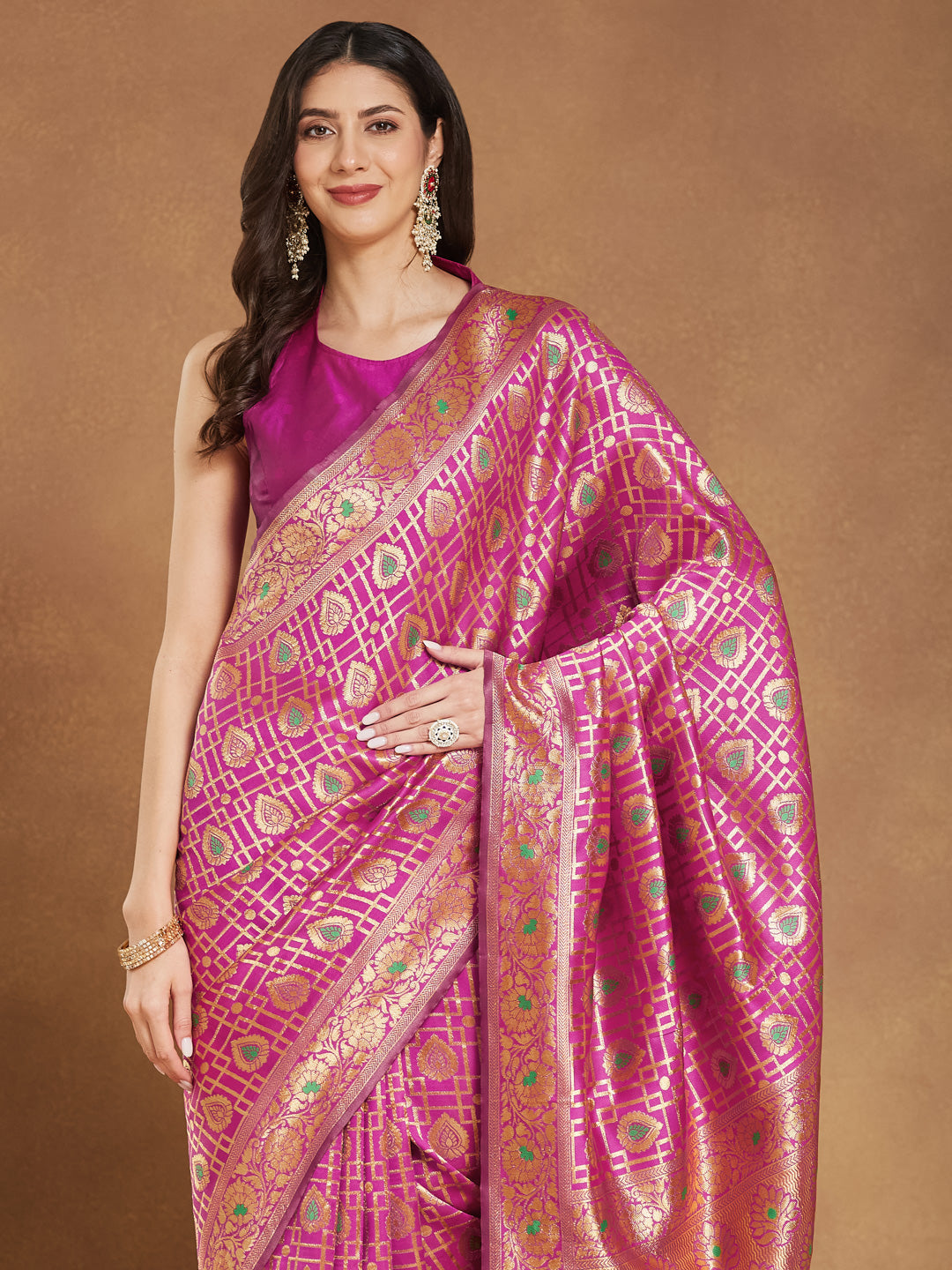 Janasya Pink Silk Blend Ethnic Motifs Jacquard Saree | Swadesiicart
