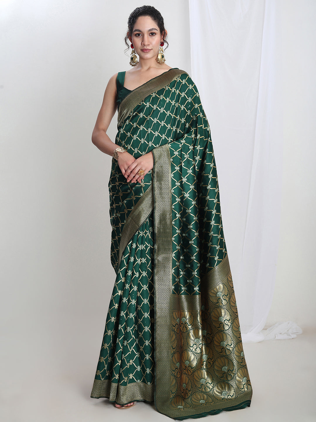 Janasya Green Silk Blend Ethnic Printed Jacquard Saree | Swadesiicart