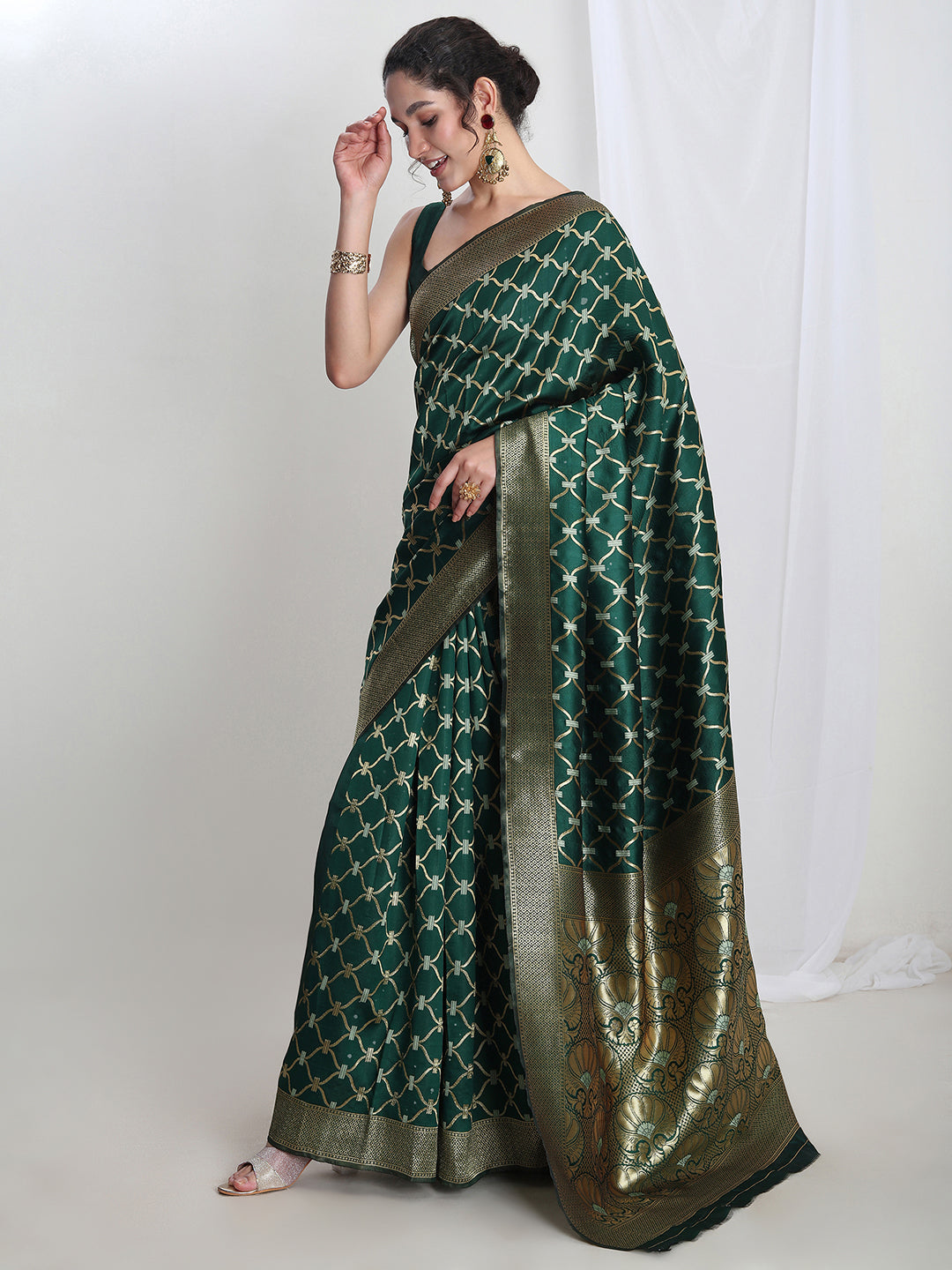 Janasya Green Silk Blend Ethnic Printed Jacquard Saree | Swadesiicart