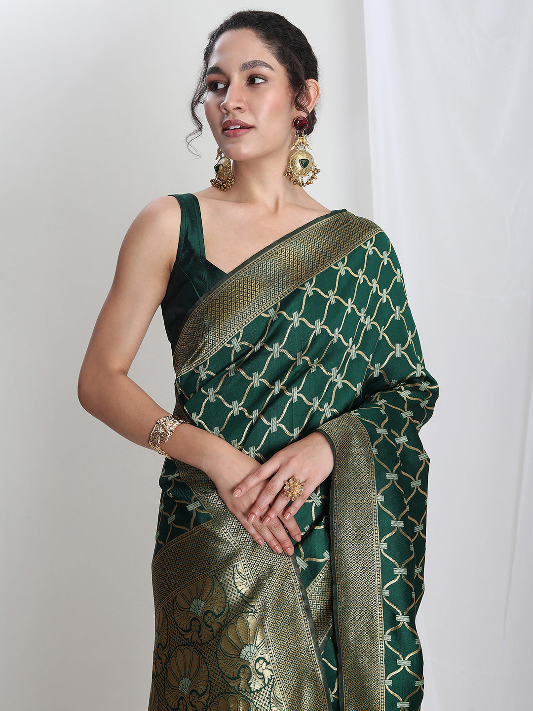 Janasya Green Silk Blend Ethnic Printed Jacquard Saree | Swadesiicart
