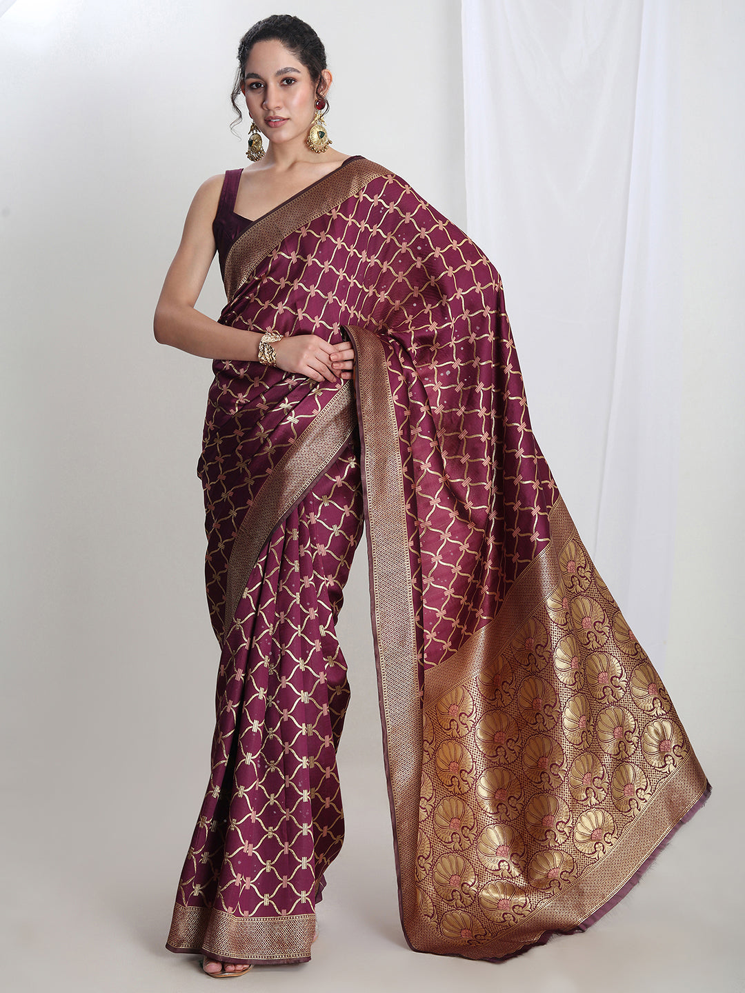Janasya Purple Silk Blend Ethnic Printed Jacquard Saree | Swadesiicart