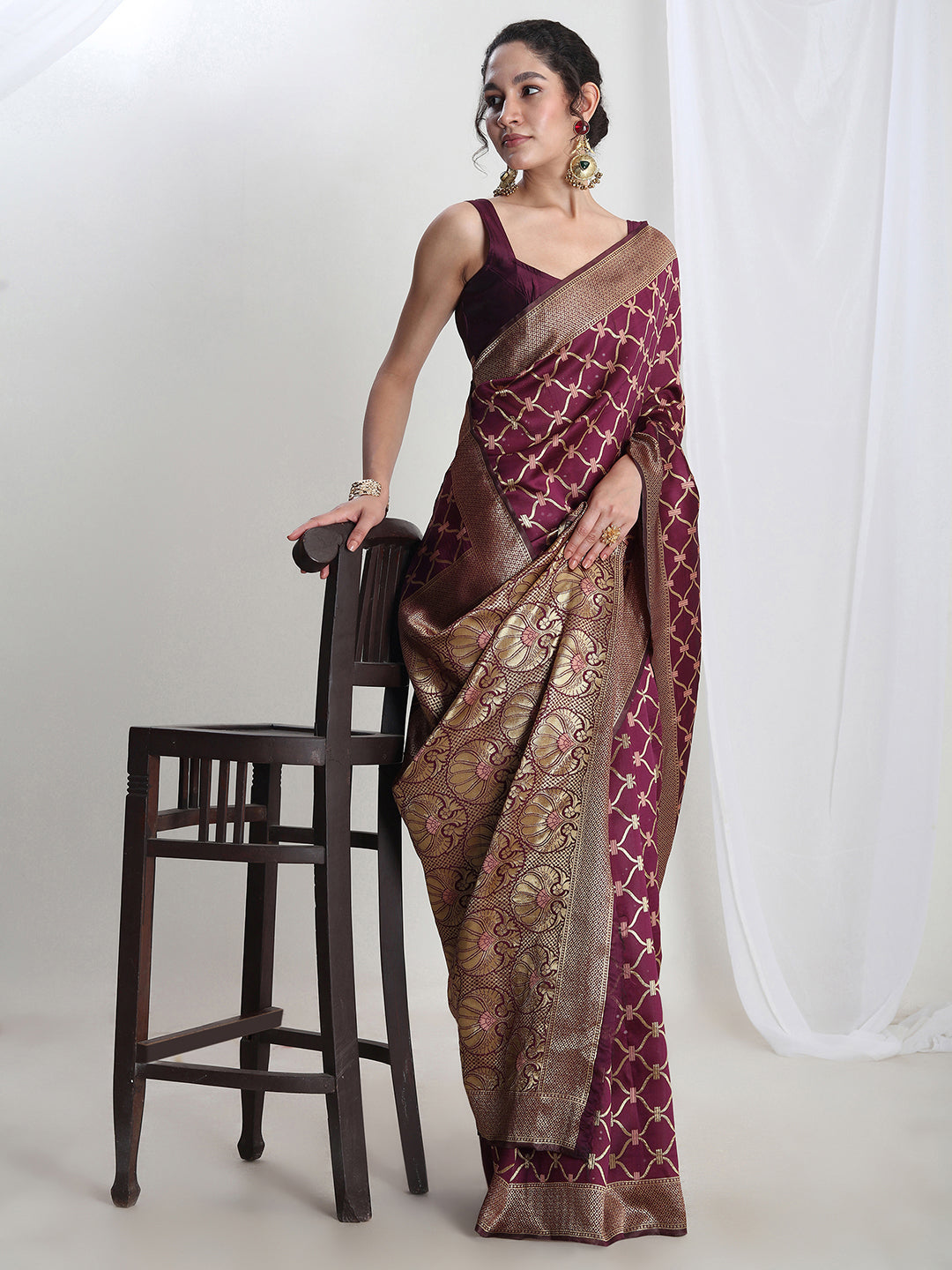 Janasya Purple Silk Blend Ethnic Printed Jacquard Saree | Swadesiicart