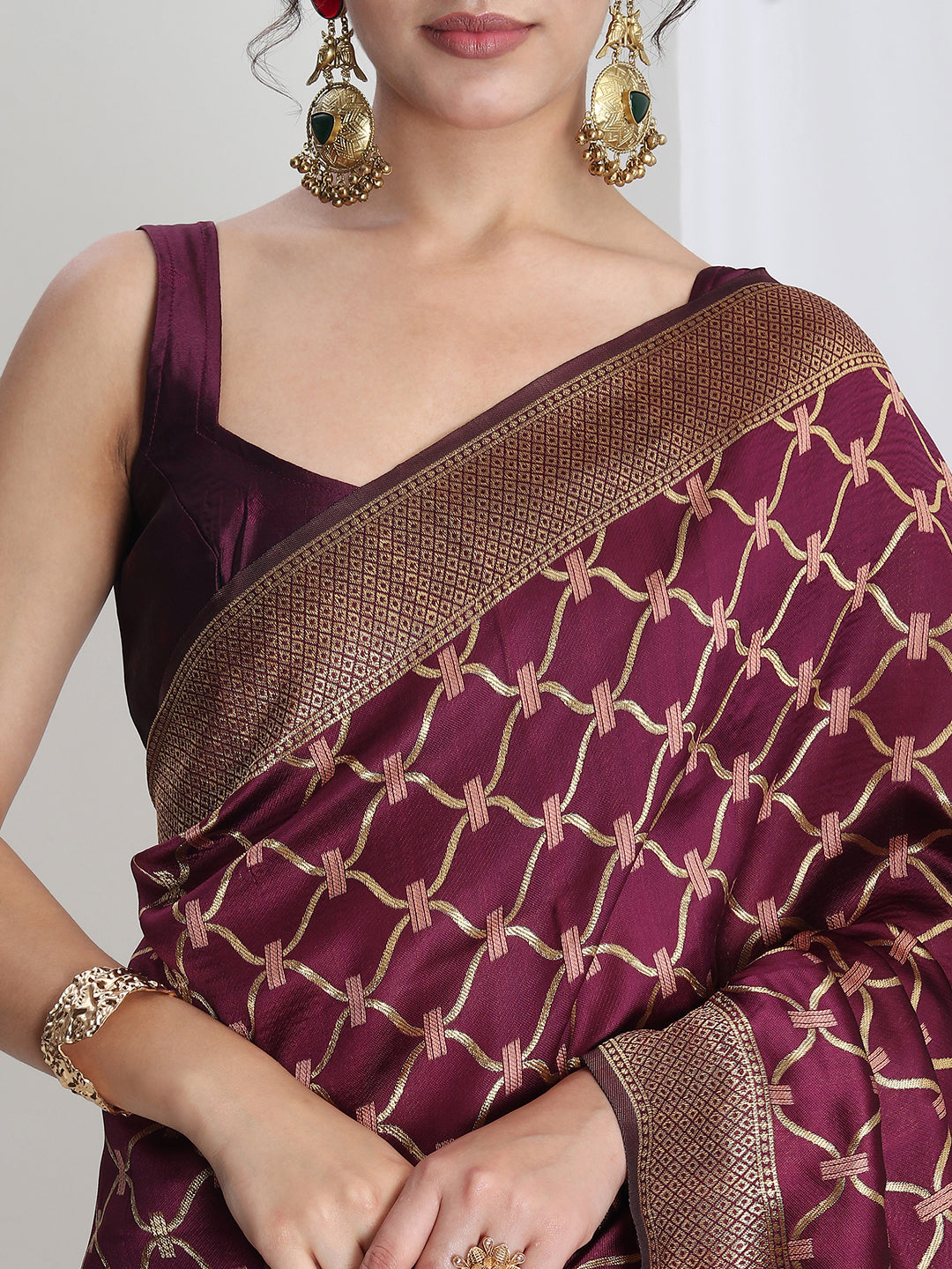 Janasya Purple Silk Blend Ethnic Printed Jacquard Saree | Swadesiicart