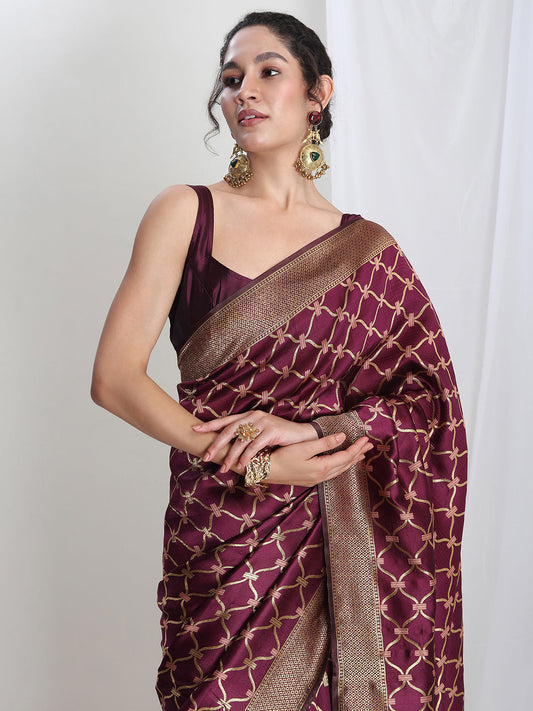 Janasya Purple Silk Blend Ethnic Printed Jacquard Saree | Swadesiicart