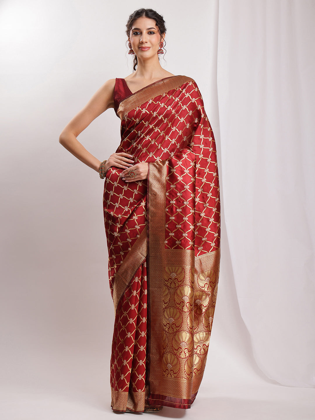 Janasya Maroon Silk Blend Ethnic Jacquard Saree | Swadesiicart