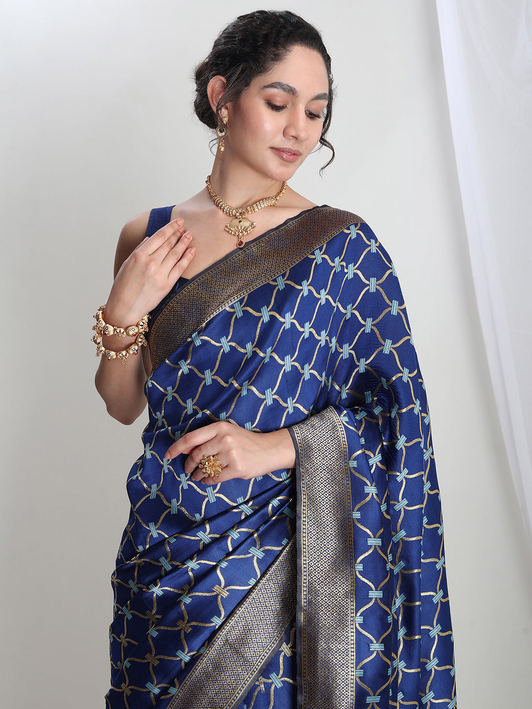 Janasya Blue Silk Blend Ethnic Printed Jacquard Saree | Swadesiicart