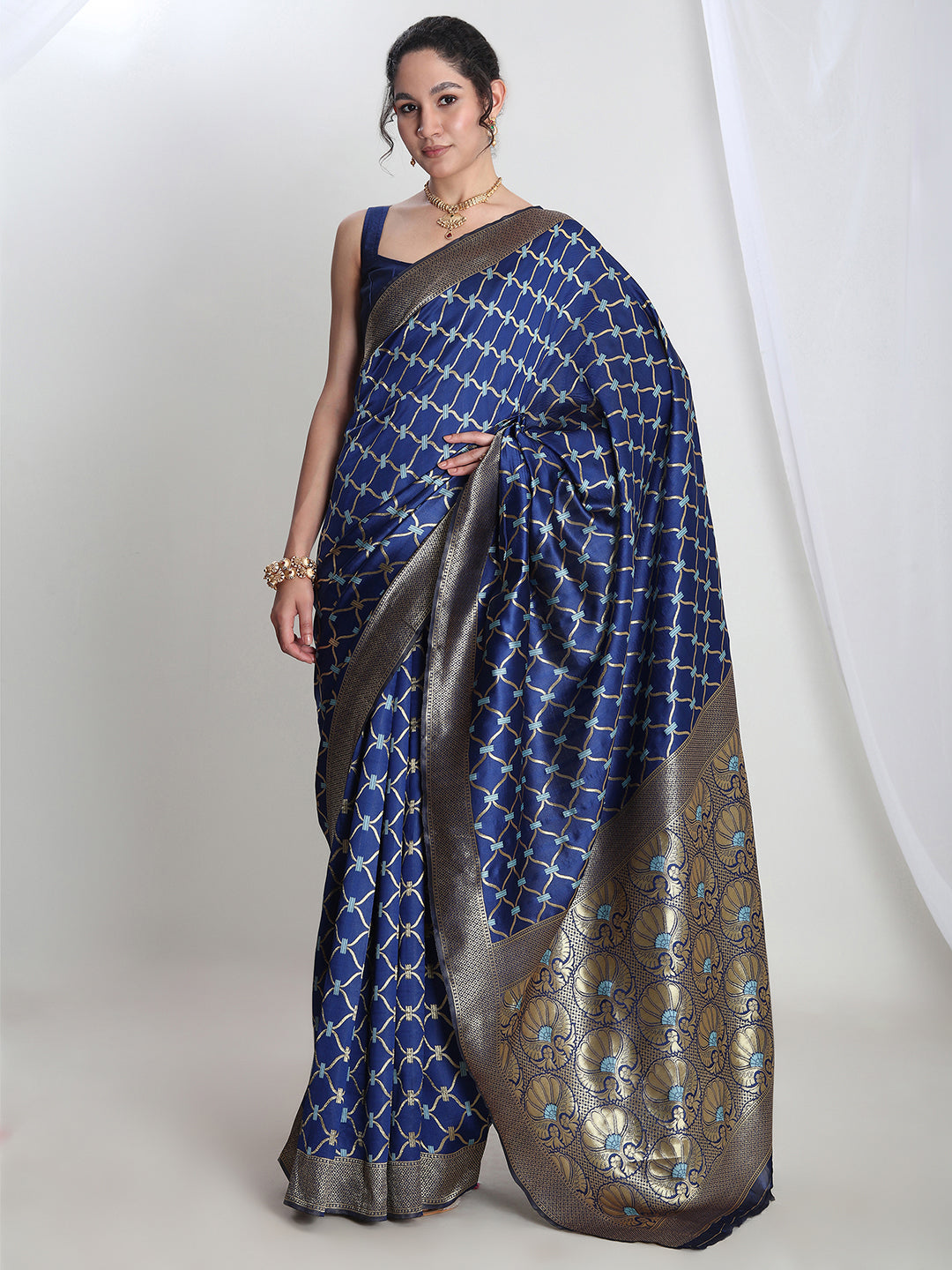 Janasya Blue Silk Blend Ethnic Printed Jacquard Saree | Swadesiicart