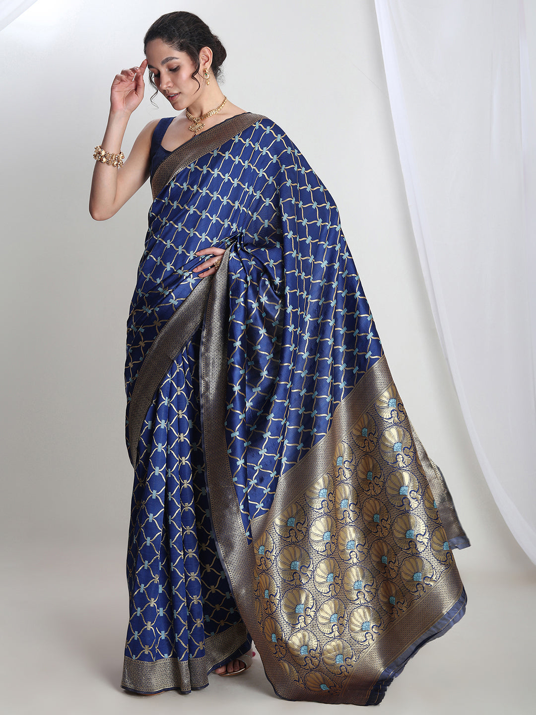 Janasya Blue Silk Blend Ethnic Printed Jacquard Saree | Swadesiicart
