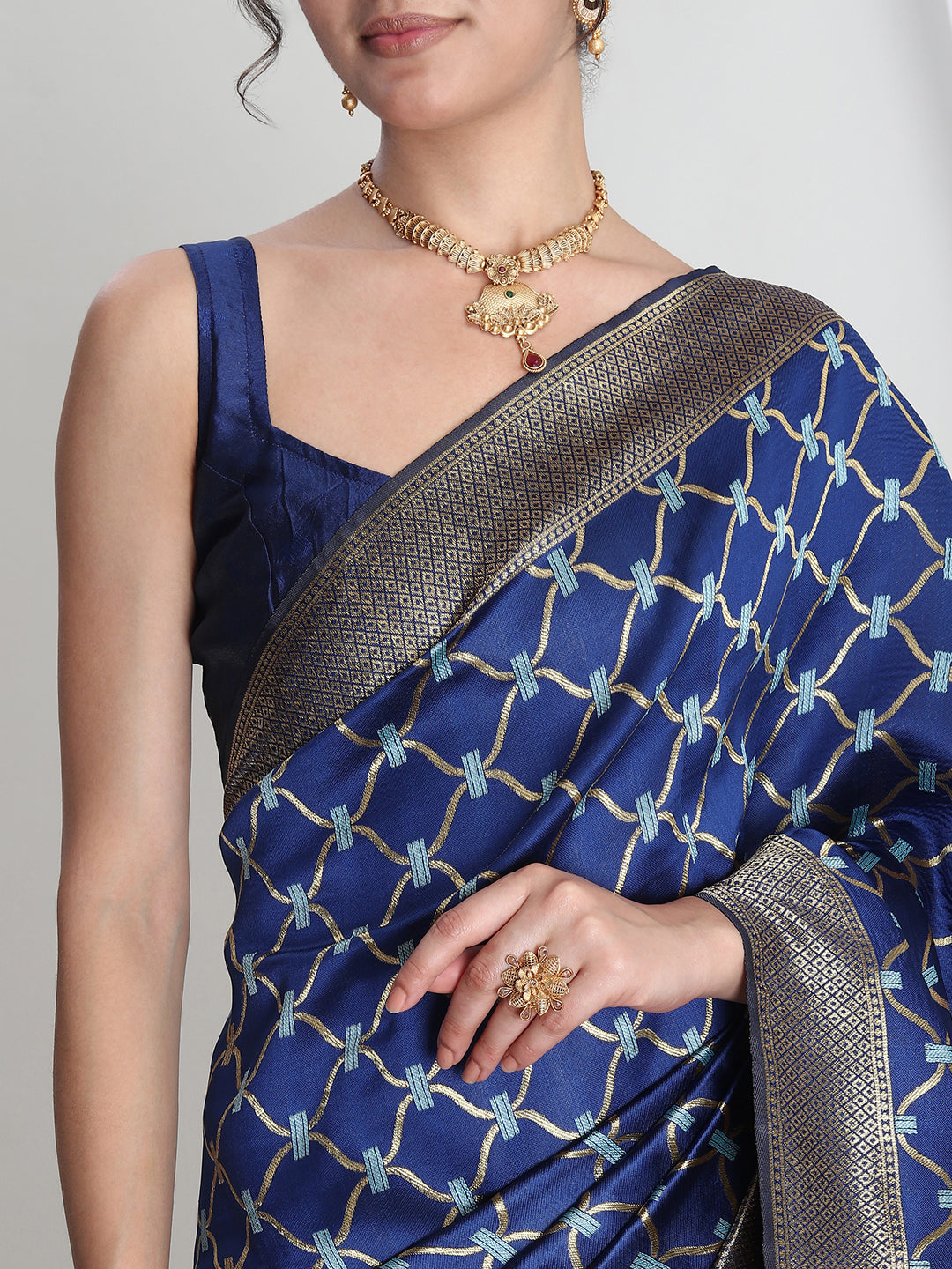 Janasya Blue Silk Blend Ethnic Printed Jacquard Saree | Swadesiicart