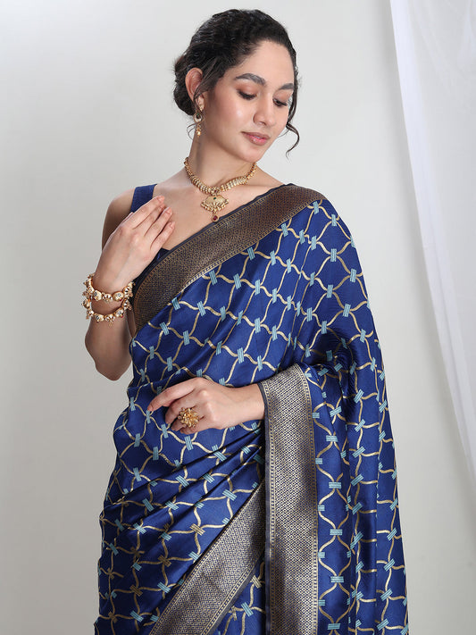 Janasya Blue Silk Blend Ethnic Printed Jacquard Saree | Swadesiicart