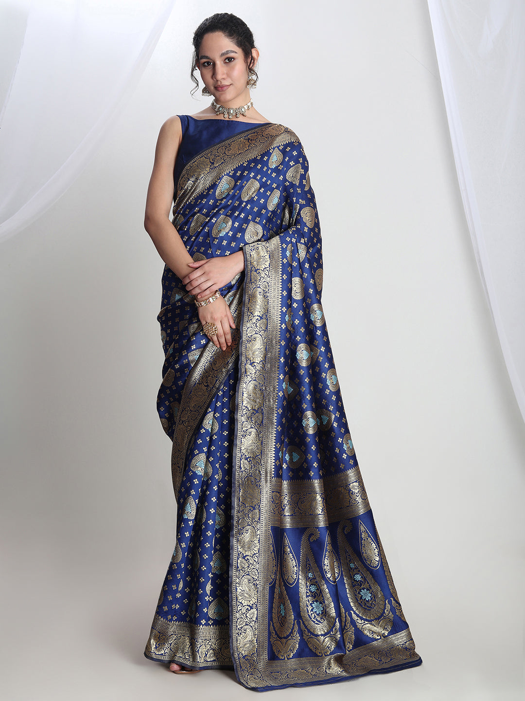 Janasya Blue Silk Blend Ethnic Motifs Jacquard Saree | Swadesiicart