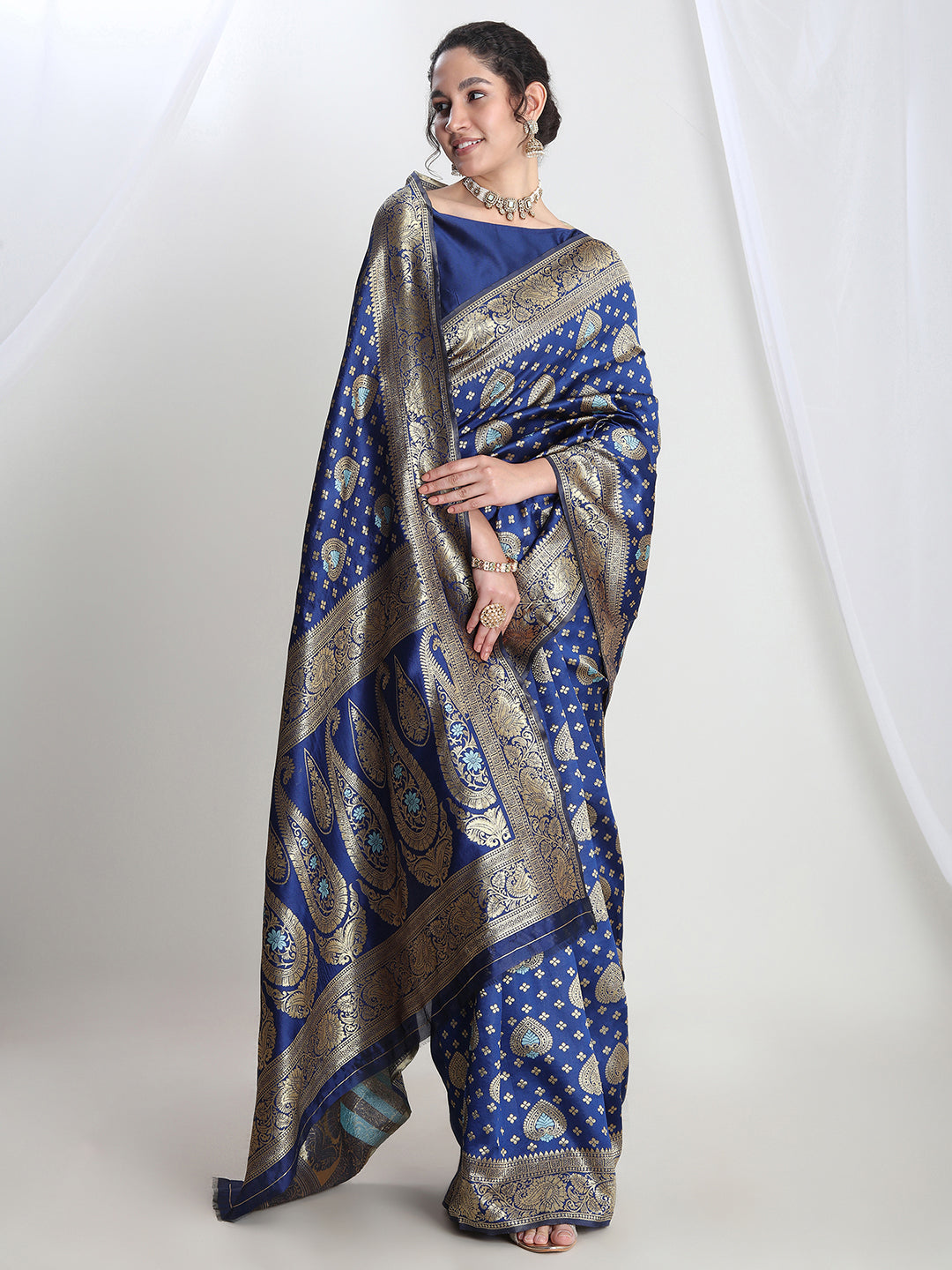 Janasya Blue Silk Blend Ethnic Motifs Jacquard Saree | Swadesiicart