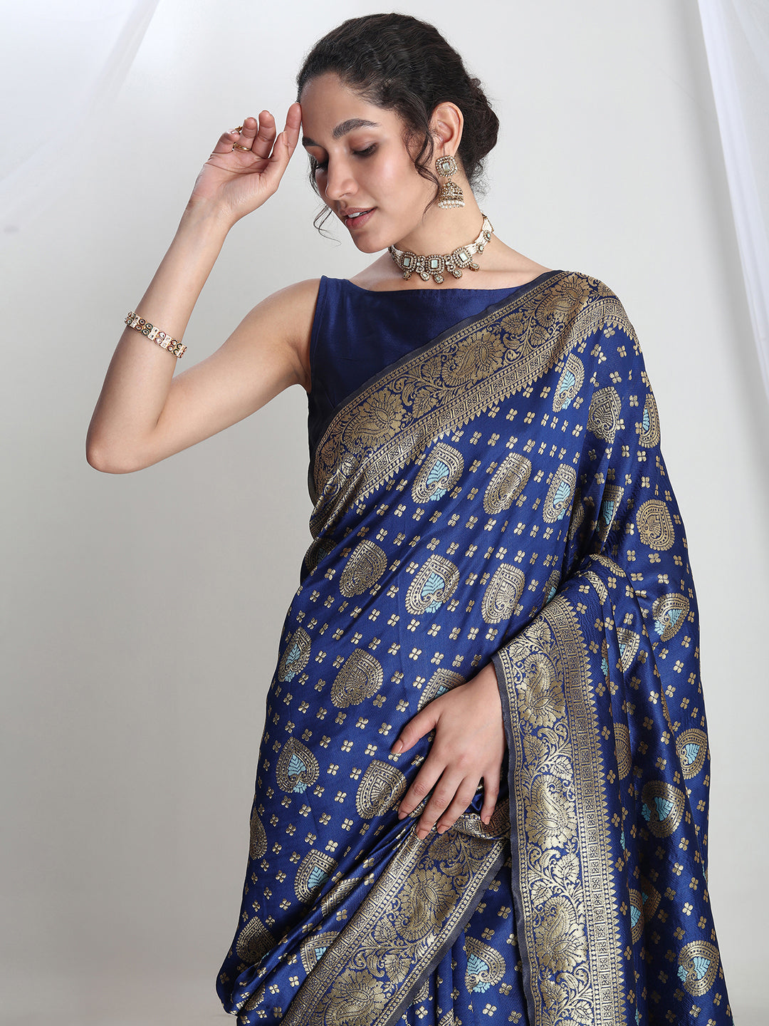 Janasya Blue Silk Blend Ethnic Motifs Jacquard Saree | Swadesiicart