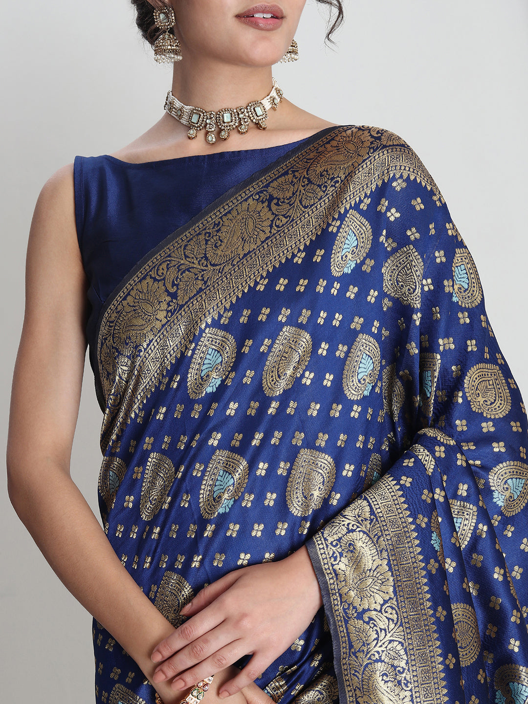 Janasya Blue Silk Blend Ethnic Motifs Jacquard Saree | Swadesiicart