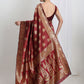 Janasya Maroon Silk Blend Ethnic Motifs Jacquard Saree | Swadesiicart
