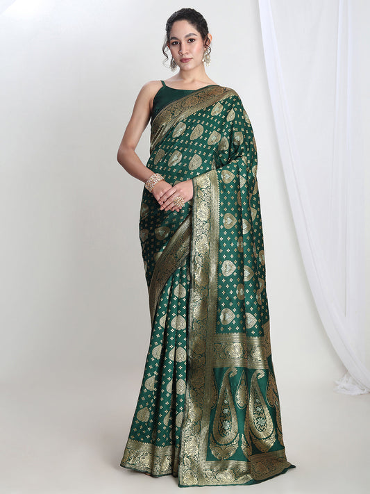 Janasya Green Silk Blend Ethnic Motifs Jacquard Saree | Swadesiicart