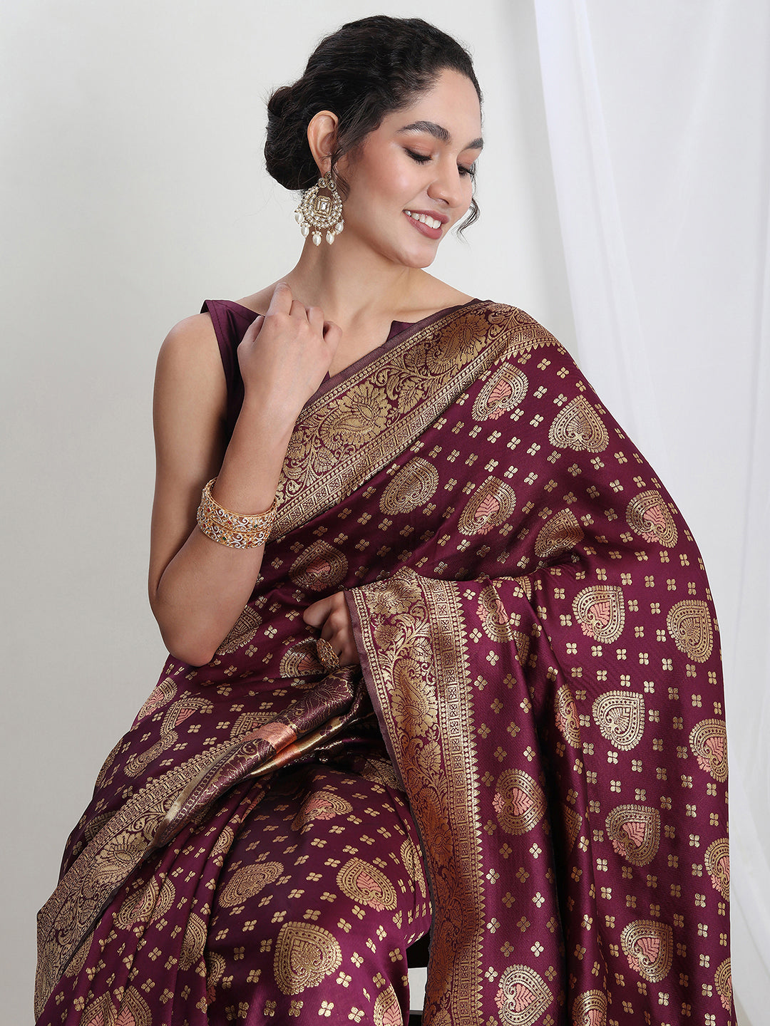 Janasya Purple Silk Blend Ethnic Motifs Jacquard Saree | Swadesiicart