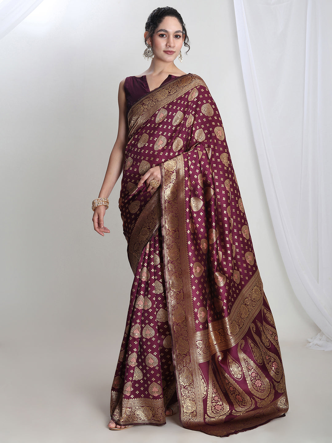 Janasya Purple Silk Blend Ethnic Motifs Jacquard Saree | Swadesiicart