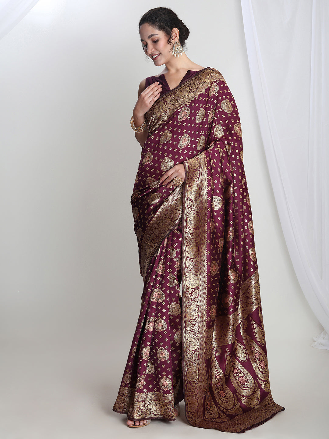 Janasya Purple Silk Blend Ethnic Motifs Jacquard Saree | Swadesiicart