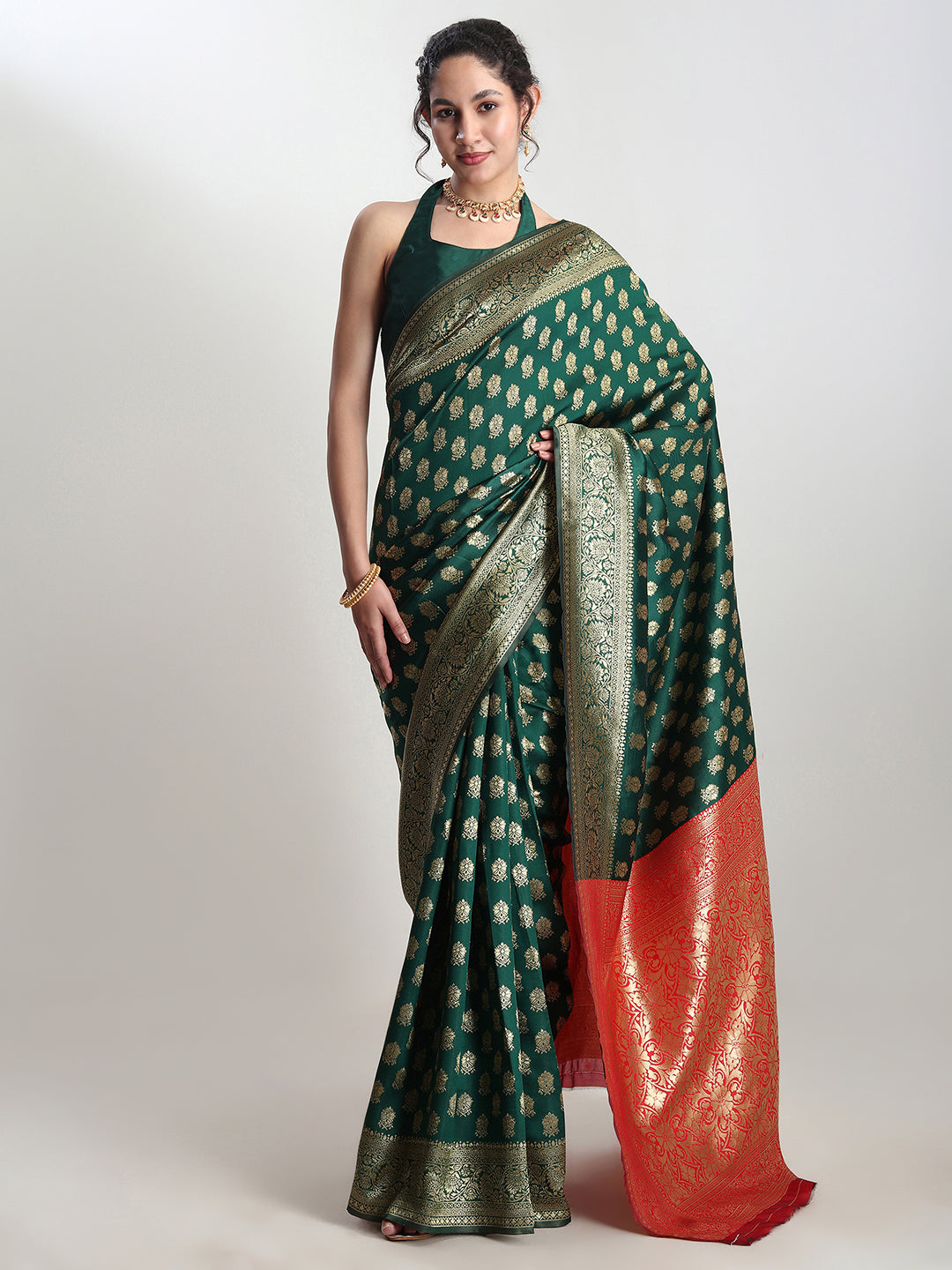 Janasya Dark Green Silk Blend Ethnic Motifs Jacquard Saree | Swadesiicart