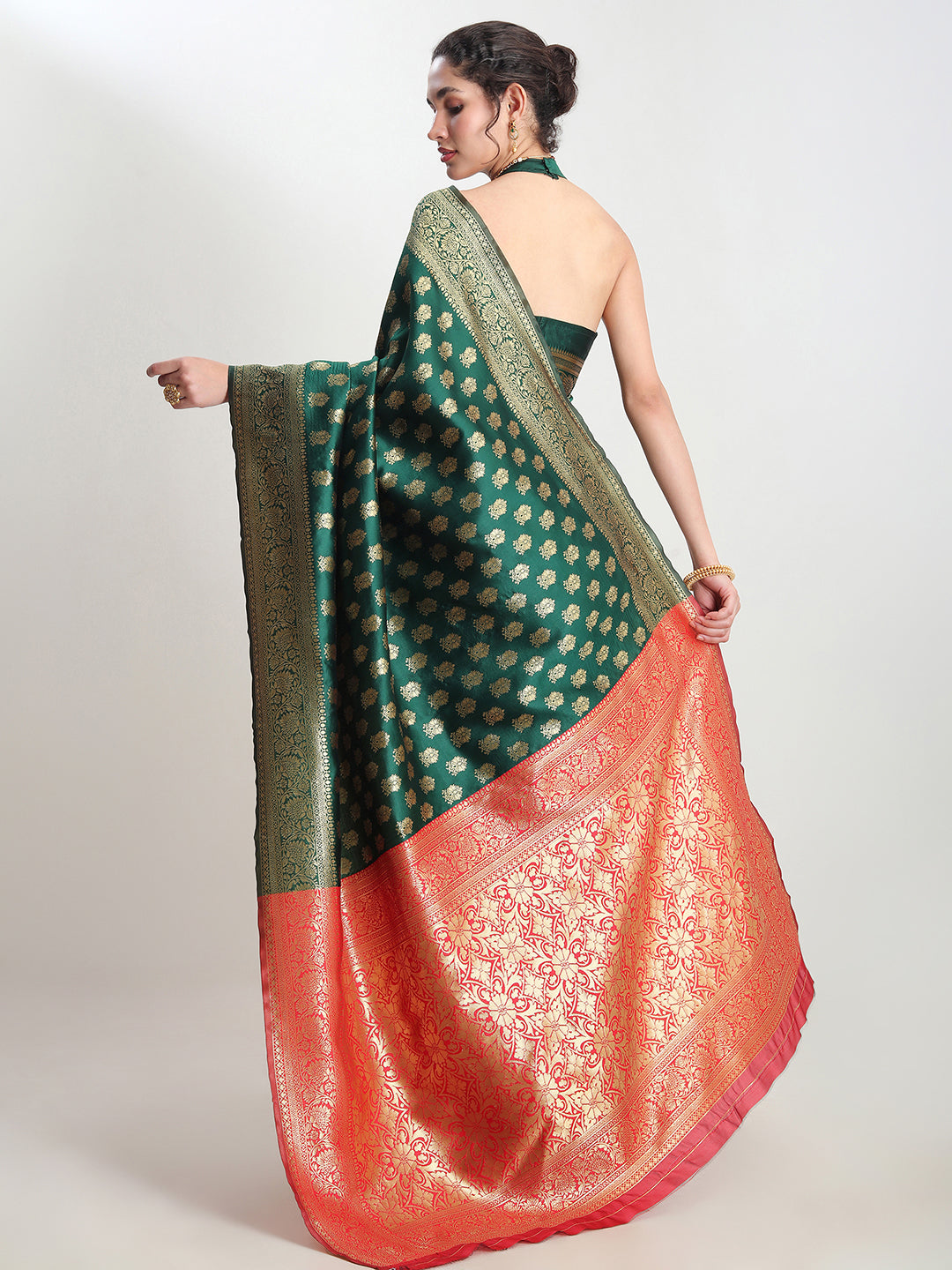 Janasya Dark Green Silk Blend Ethnic Motifs Jacquard Saree | Swadesiicart