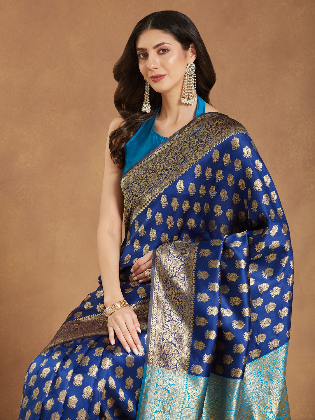 Janasya Blue Silk Blend Ethnic Motifs Banarasi Jacquard Saree | Swadesiicart