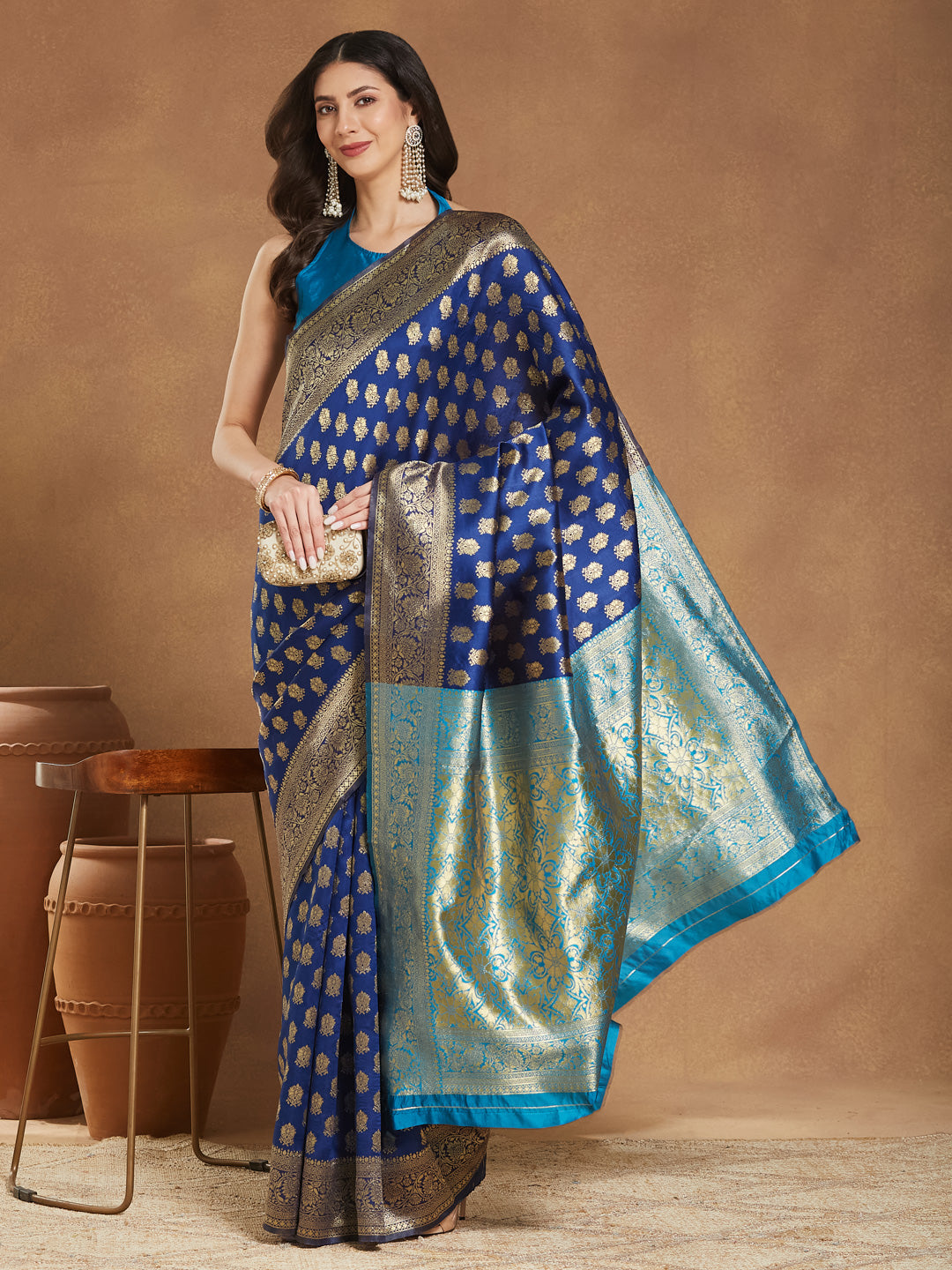 Janasya Blue Silk Blend Ethnic Motifs Banarasi Jacquard Saree | Swadesiicart