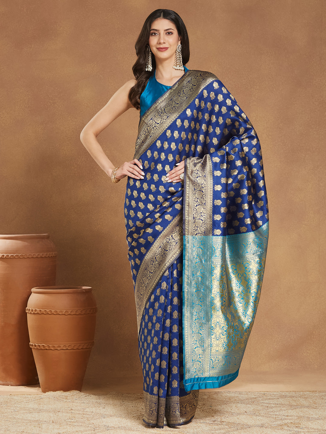 Janasya Blue Silk Blend Ethnic Motifs Banarasi Jacquard Saree | Swadesiicart