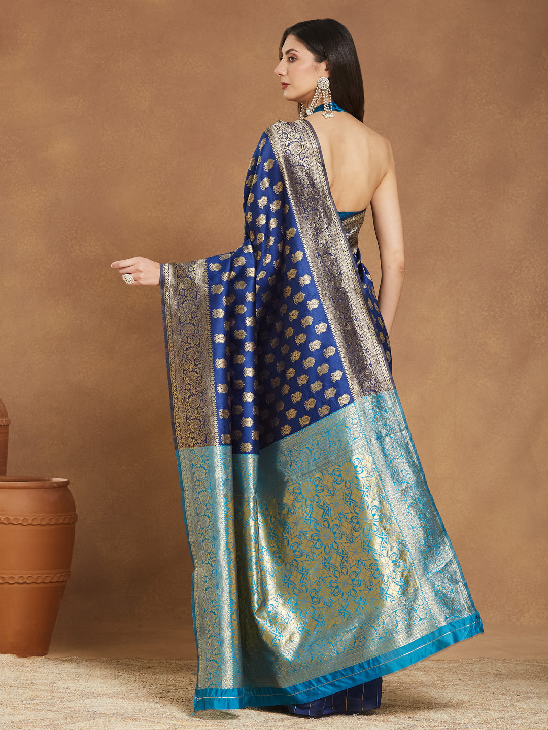 Janasya Blue Silk Blend Ethnic Motifs Banarasi Jacquard Saree | Swadesiicart