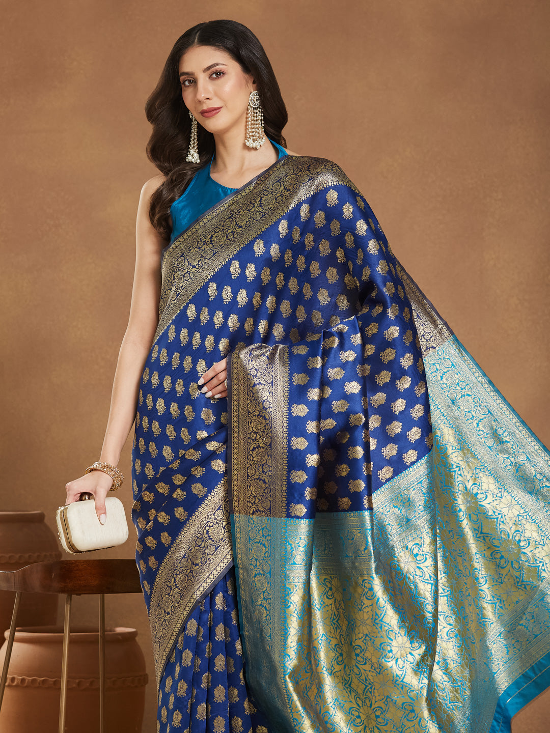 Janasya Blue Silk Blend Ethnic Motifs Banarasi Jacquard Saree | Swadesiicart