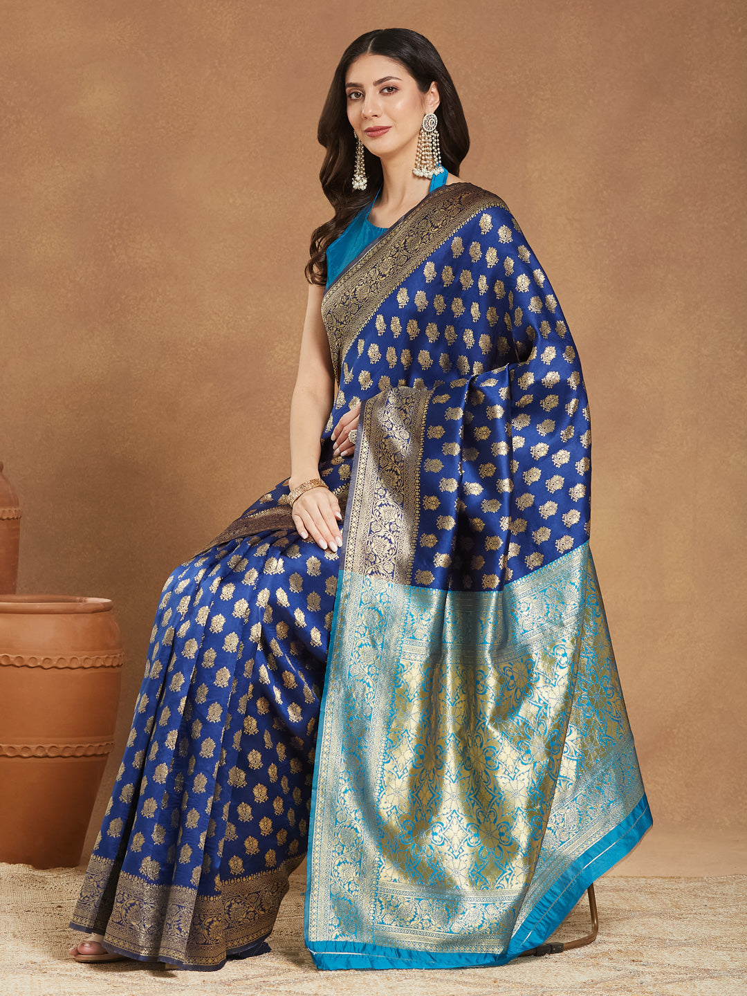 Janasya Blue Silk Blend Ethnic Motifs Banarasi Jacquard Saree | Swadesiicart