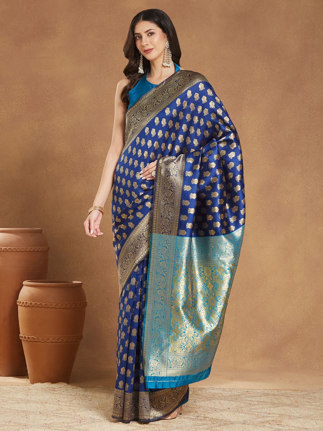 Janasya Blue Silk Blend Ethnic Motifs Banarasi Jacquard Saree | Swadesiicart