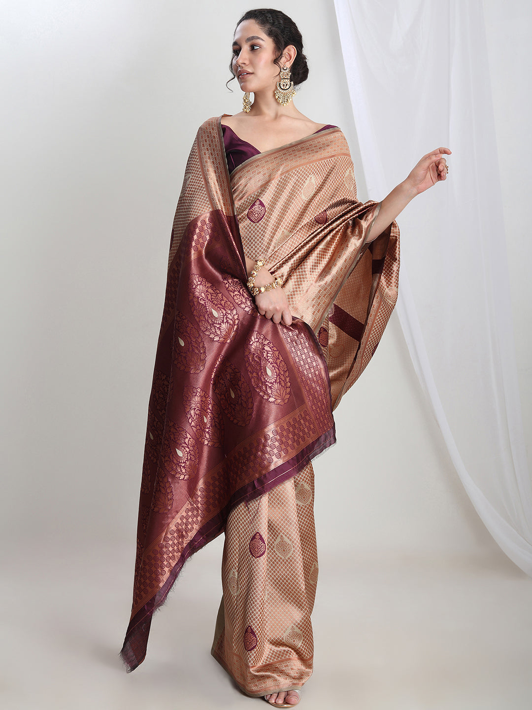 Janasya Beige Silk Blend Ethnic Printed Jacquard Saree | Swadesiicart