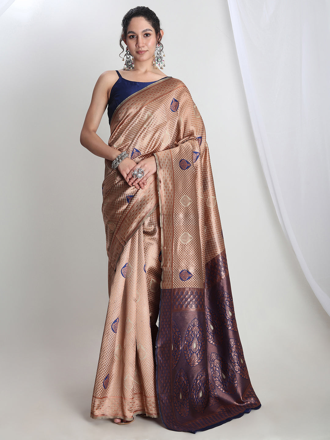 Janasya Beige Silk Blend Ethnic Printed Jacquard Saree | Swadesiicart