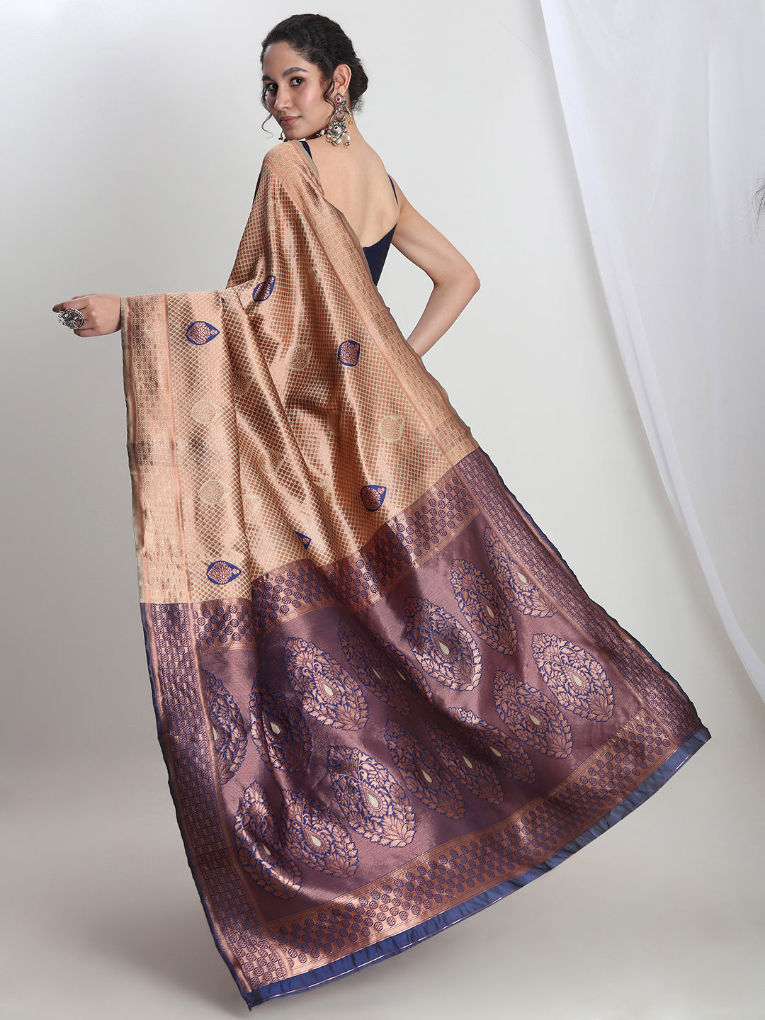 Janasya Beige Silk Blend Ethnic Printed Jacquard Saree | Swadesiicart