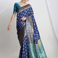 Janasya Blue Silk Blend Floral Jacquard Saree | Swadesiicart