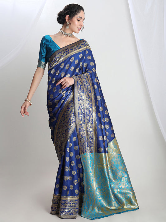 Janasya Blue Silk Blend Floral Jacquard Saree | Swadesiicart