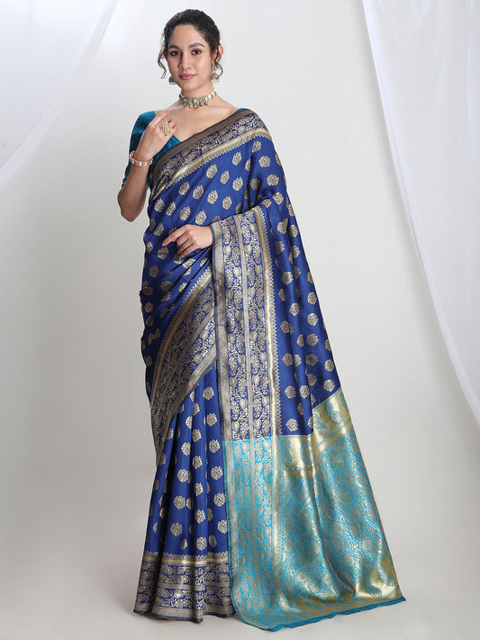 Janasya Blue Silk Blend Floral Jacquard Saree | Swadesiicart