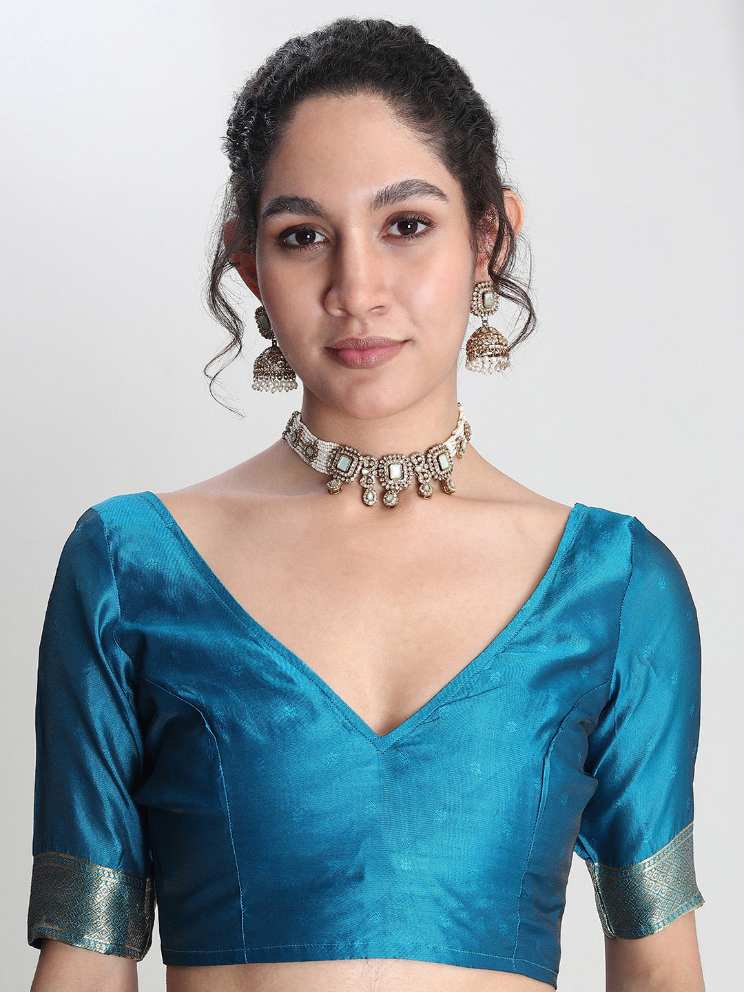 Janasya Blue Silk Blend Floral Jacquard Saree | Swadesiicart
