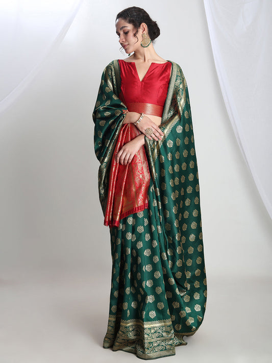 Janasya Green Silk Blend Floral Jacquard Saree | Swadesiicart