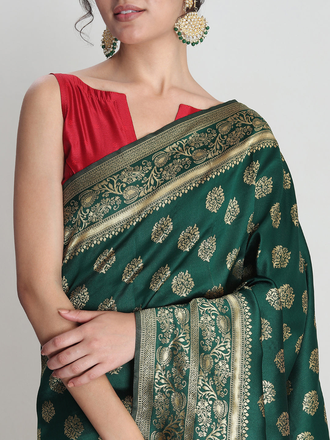 Janasya Green Silk Blend Floral Jacquard Saree | Swadesiicart