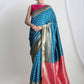 Janasya Teal Blue Silk Blend Ethnic Motifs Jacquard Saree | Swadesiicart