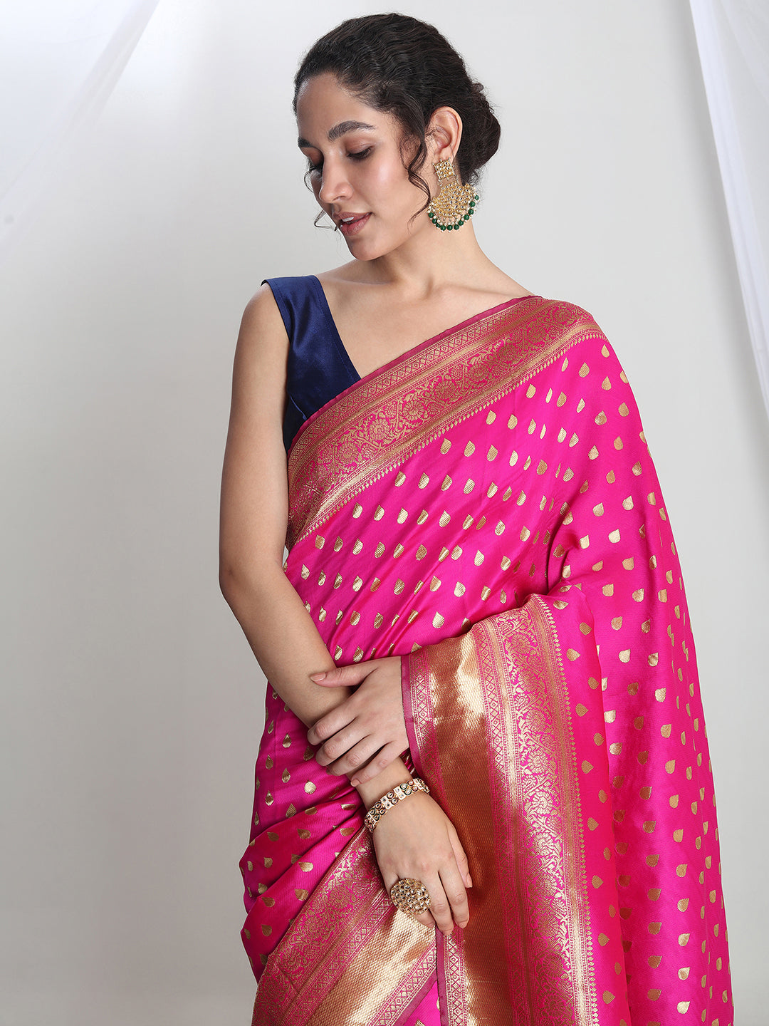 Janasya Pink Silk Blend Ethnic Motifs Jacquard Saree | Swadesiicart