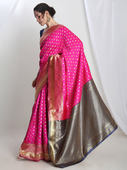 Janasya Pink Silk Blend Ethnic Motifs Jacquard Saree | Swadesiicart