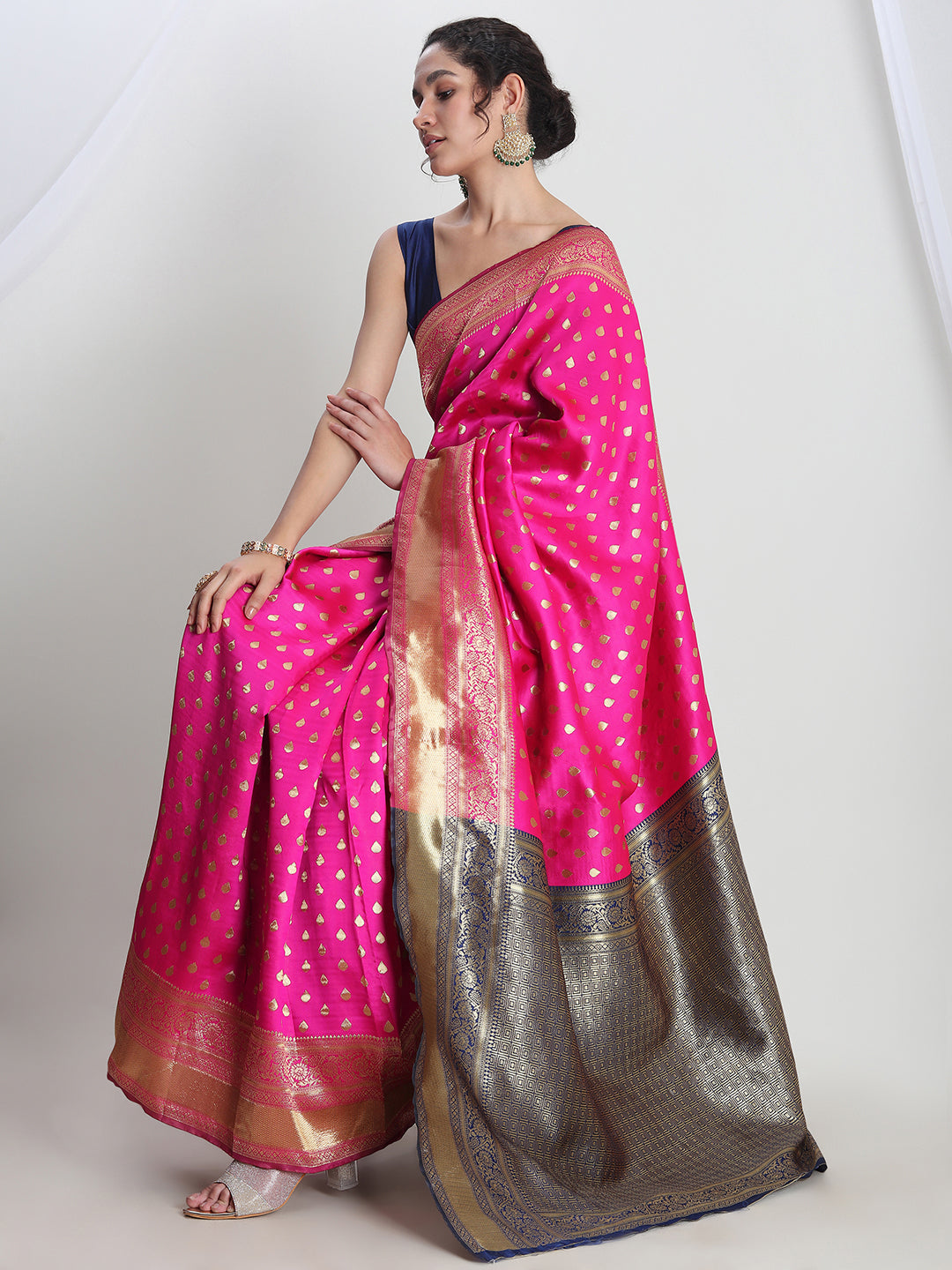 Janasya Pink Silk Blend Ethnic Motifs Jacquard Saree | Swadesiicart